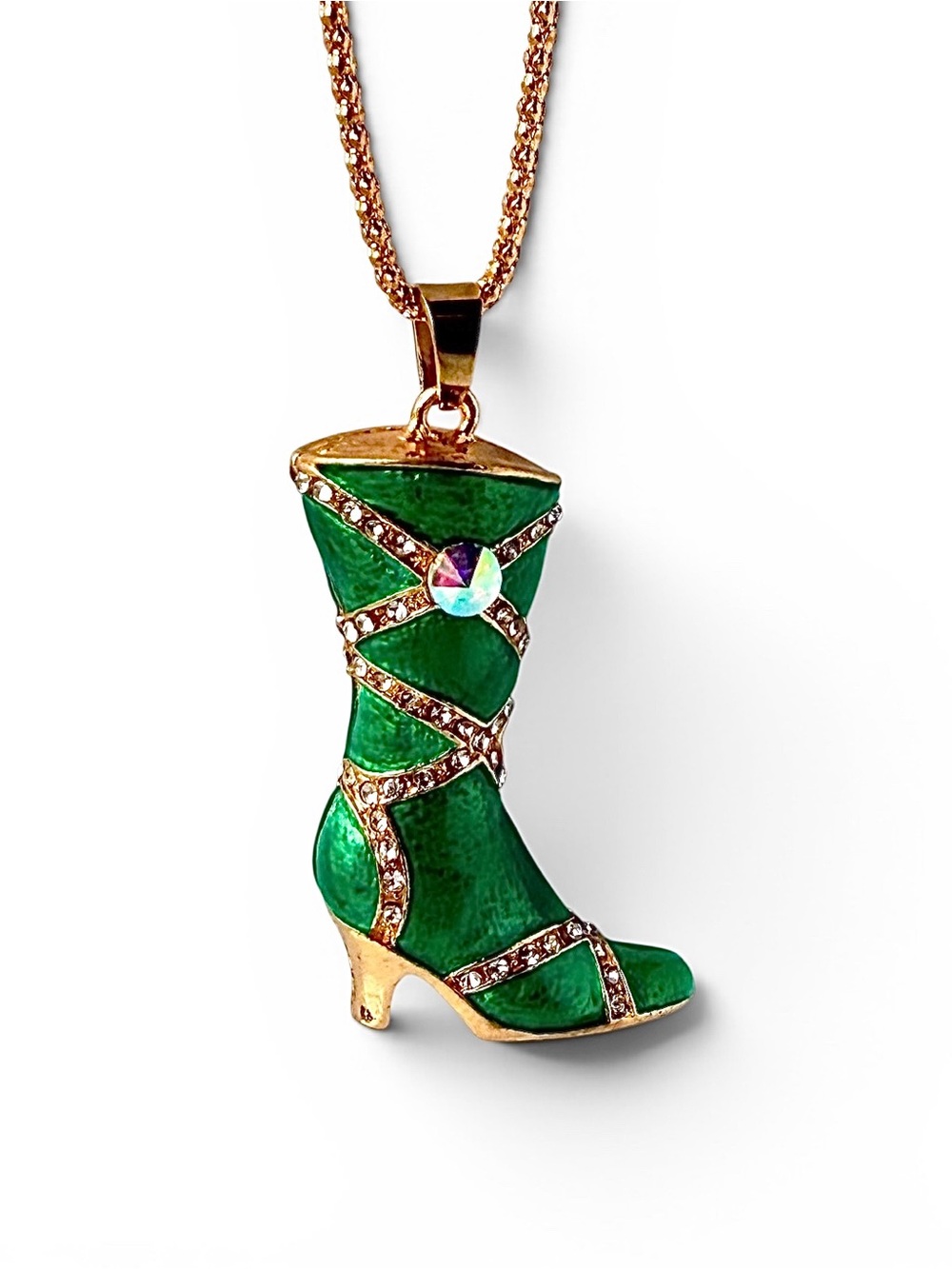 Betsey Johnson Emerald Green Enamel Boot Pendant Long Necklace Rhinestone NWT